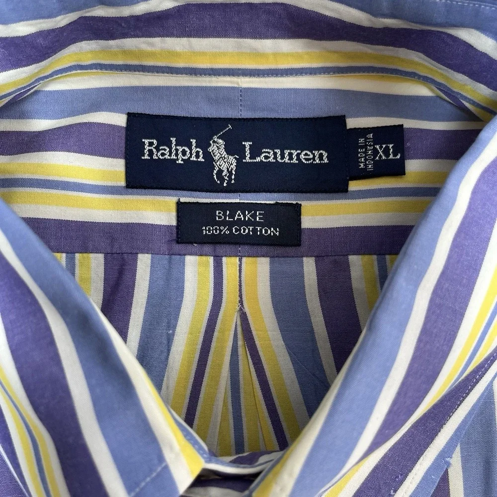 Polo Ralph Lauren Blake Shirt Mens XL Yellow Blue Purple Striped Preppy Colorful